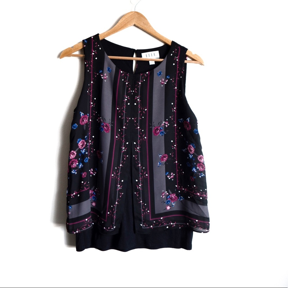 ELLE Layered Split-front Flowy Black Floral Tank Top